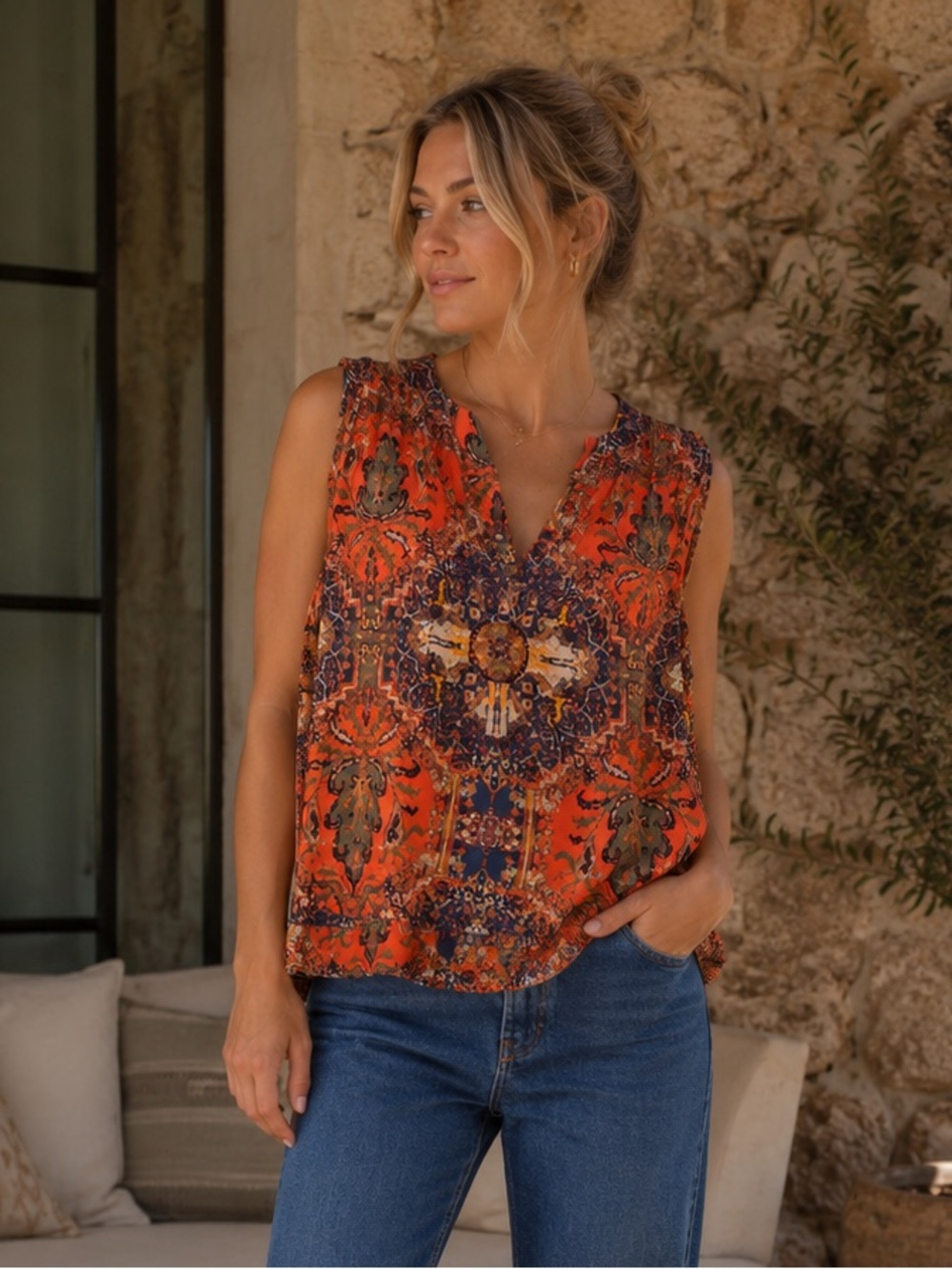Free People Darcy Top ft magic carpet Orange and blue tapestry Cami Blouse